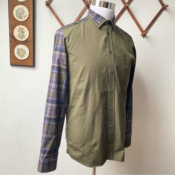 Givenchy Paris Plaid Sleeve Designer Button Up Olive Green Shirt Medium - Picture 9 of 16